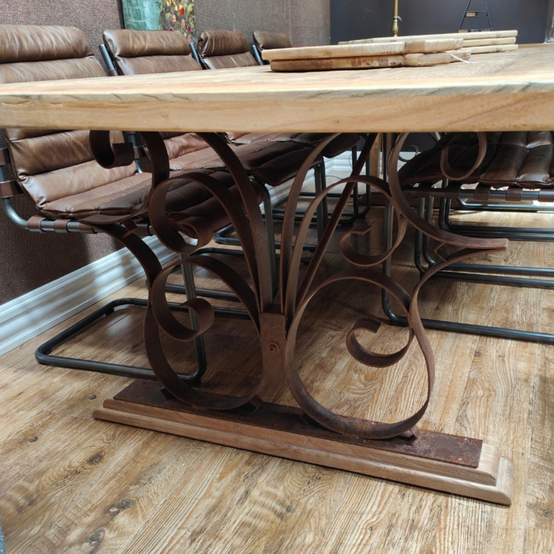 Reclaimed Elm Dining Table with Iron Legs 3m + 8 Florence Italian Leather Dining Chairs Set image 2